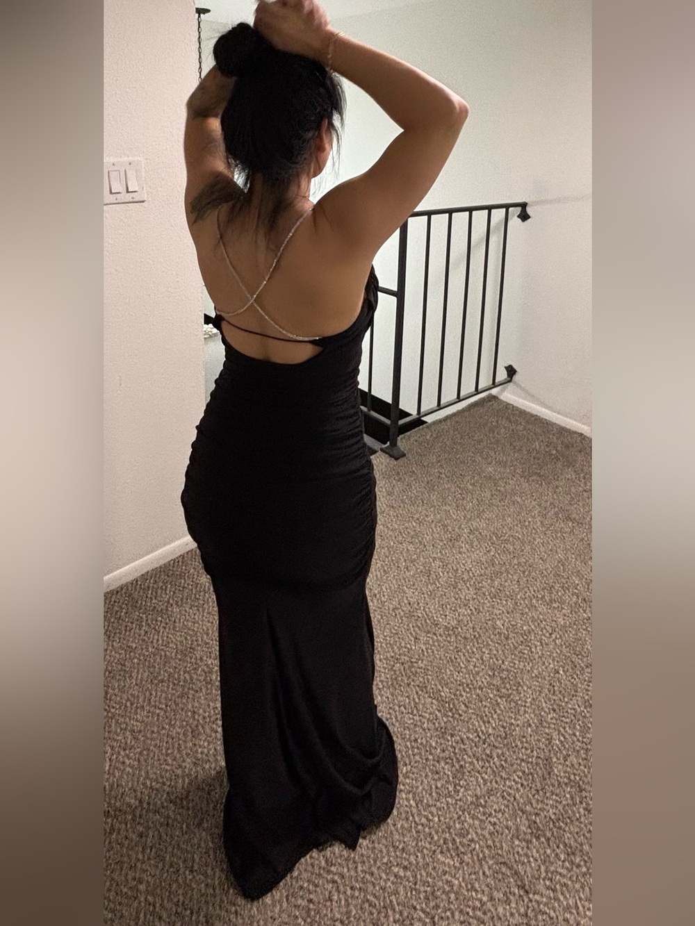 Crystal Doll Black Backless Ruched Maxi Dress with Silver Straps